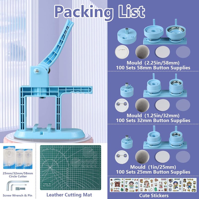 Happizza Button Maker Machine Multiple Sizes (4th Gen), Pin Maker 1+1.25+2.25 inch / 25+32+58mm, Badge Button Press Machine with Cutting Mat & 300 Sets Badge Making Supplies & Circle Cutter - Image 3